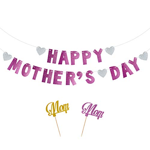 FEPITO 3Pcs Happy Mother's Day Banner Garland Glitter Mother’s Day Decorations Best Mom Ever Decorations Best from Daughter and Son