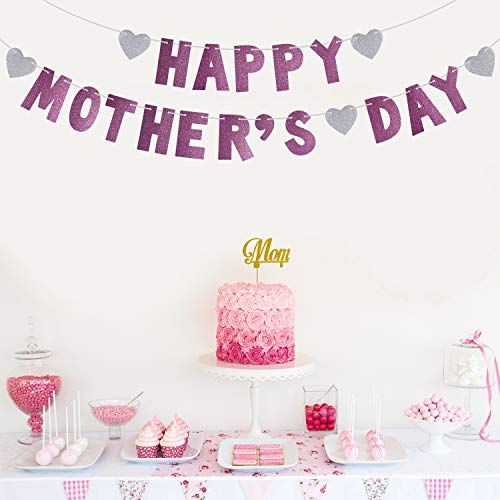 FEPITO 3Pcs Happy Mother's Day Banner Garland Glitter Mother’s Day Decorations Best Mom Ever Decorations Best from Daughter and Son