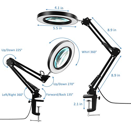 LANCOSC Magnifying Glass with Light and Stand, 3 Color Modes Stepless Dimmable, 5-Diopter Glass Lens, Adjustable Swivel Arm, LED Magnifier Desk Lamp for Close Work, Repair, Crafts, Reading - Black