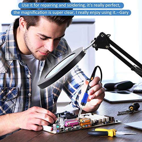 LANCOSC Magnifying Glass with Light and Stand, 3 Color Modes Stepless Dimmable, 5-Diopter Glass Lens, Adjustable Swivel Arm, LED Magnifier Desk Lamp for Close Work, Repair, Crafts, Reading - Black