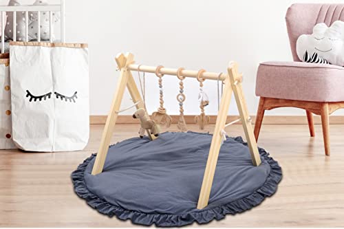 Wooden Baby Play Gym with Black Mat,Foldable & Handmade Wooden Play Gym Frame Activity with 5 Hanging Toys Untreated Beechwood & Cotton Montessori Baby Toys,Play & Learn Infant Activity Mat