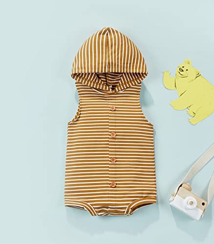 Newborn Baby Boy Girl Unisex Romper Infant Toddler One Piece Hooded Striped Bodysuits Sleeveless Buttons Clothes (A~Brown , 3-6 Months )