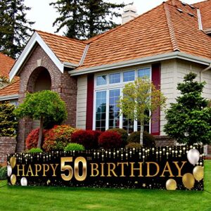 50th birthday decorations yard banner, black gold happy 50th birthday decorations for men women, 50 years old birthday party backdrop, 60 birthday sign for outdoor indoor, fabric vicycaty