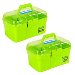 2 Packs 11” Plastic Storage Box Tool Box Sewing Box Organizer with Removable Tray, Multipurpose Portable Handled Storage Case for Art Craft and Cosmetic (Green) 