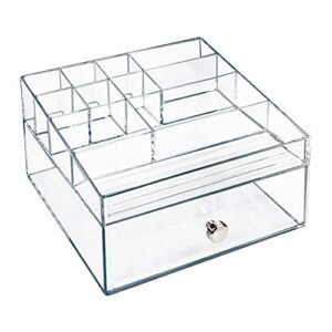 InterDesign Drawers Caja con compartimentos | Caja de maquillaje con 1 cajón y 11 compartimentos | Organizador de maquillaje o artículos de oficina | Plástico transparente