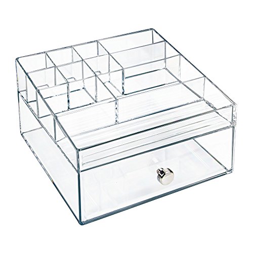 InterDesign Drawers Caja con compartimentos | Caja de maquillaje con 1 cajón y 11 compartimentos | Organizador de maquillaje o artículos de oficina | Plástico transparente