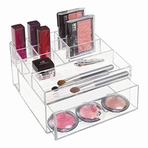 InterDesign Drawers Caja con compartimentos | Caja de maquillaje con 1 cajón y 11 compartimentos | Organizador de maquillaje o artículos de oficina | Plástico transparente