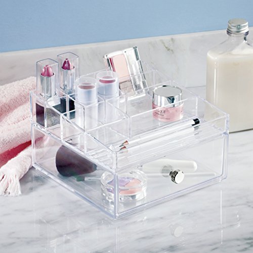 InterDesign Drawers Caja con compartimentos | Caja de maquillaje con 1 cajón y 11 compartimentos | Organizador de maquillaje o artículos de oficina | Plástico transparente