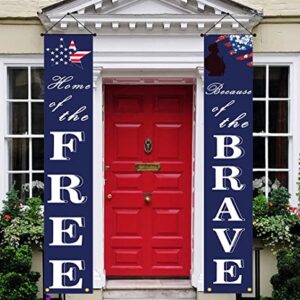 NUOGIC American Flag Patriotic Soldier Porch Sign Banners -“HOME of the FREE” and “Because of the BRAVE”- Hanging Banner for 4th of July Decor/ Independence Day/ Memorial Day/ Veterans Day/ Labor Day