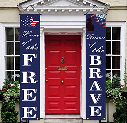 NUOGIC American Flag Patriotic Soldier Porch Sign Banners -“HOME of the FREE” and “Because of the BRAVE”- Hanging Banner for 4th of July Decor/ Independence Day/ Memorial Day/ Veterans Day/ Labor Day