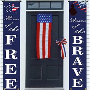 NUOGIC American Flag Patriotic Soldier Porch Sign Banners -“HOME of the FREE” and “Because of the BRAVE”- Hanging Banner for 4th of July Decor/ Independence Day/ Memorial Day/ Veterans Day/ Labor Day