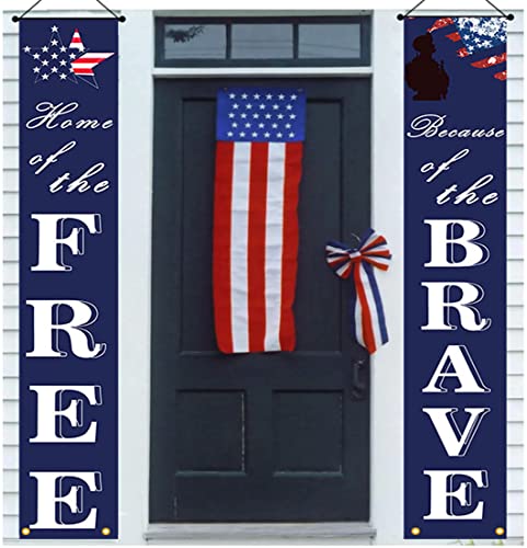 NUOGIC American Flag Patriotic Soldier Porch Sign Banners -“HOME of the FREE” and “Because of the BRAVE”- Hanging Banner for 4th of July Decor/ Independence Day/ Memorial Day/ Veterans Day/ Labor Day