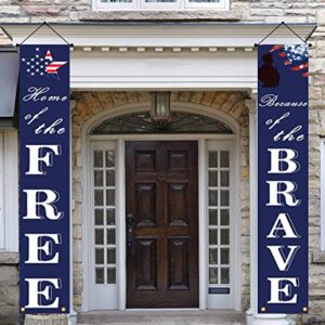 NUOGIC American Flag Patriotic Soldier Porch Sign Banners -“HOME of the FREE” and “Because of the BRAVE”- Hanging Banner for 4th of July Decor/ Independence Day/ Memorial Day/ Veterans Day/ Labor Day