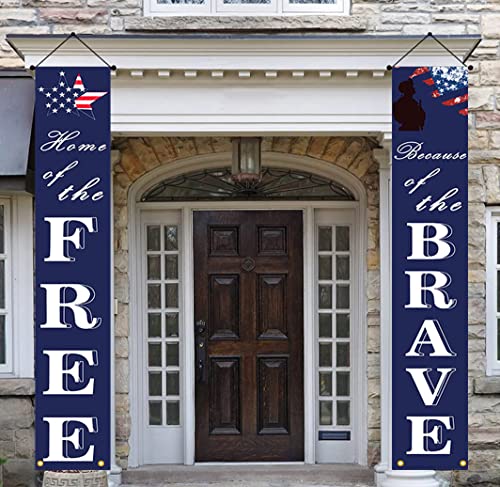 NUOGIC American Flag Patriotic Soldier Porch Sign Banners -“HOME of the FREE” and “Because of the BRAVE”- Hanging Banner for 4th of July Decor/ Independence Day/ Memorial Day/ Veterans Day/ Labor Day