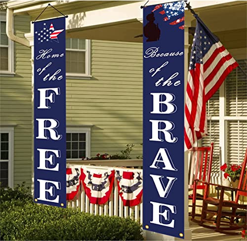 NUOGIC American Flag Patriotic Soldier Porch Sign Banners -“HOME of the FREE” and “Because of the BRAVE”- Hanging Banner for 4th of July Decor/ Independence Day/ Memorial Day/ Veterans Day/ Labor Day