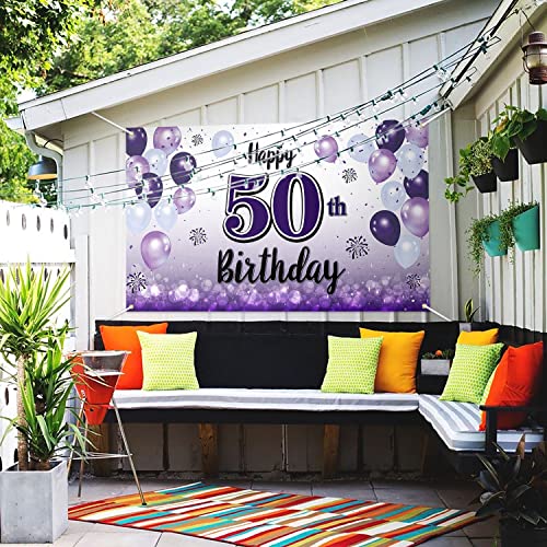 LASKYER Happy 50th Birthday Purple Large Banner - Cheers to Fifty Years Old Birthday Home Wall Photoprop Backdrop,50th Birthday Party Decorations.