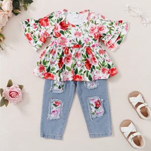 Hearyoo Baby Girl Clothes Infant Toddler Denim Ruffle Sleeve Floral Shirts Tops Ripped Jeans Pants Sets Summer Girl Outfits Red Flower 18-24 Months