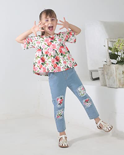 Hearyoo Baby Girl Clothes Infant Toddler Denim Ruffle Sleeve Floral Shirts Tops Ripped Jeans Pants Sets Summer Girl Outfits Red Flower 18-24 Months