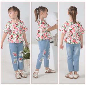 Hearyoo Baby Girl Clothes Infant Toddler Denim Ruffle Sleeve Floral Shirts Tops Ripped Jeans Pants Sets Summer Girl Outfits Red Flower 18-24 Months