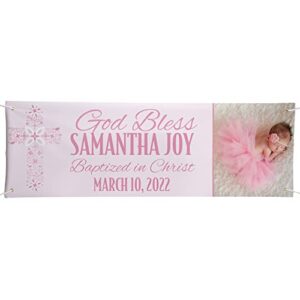 let’s make memories personalized baptism celebration photo banner – christening – pink – 6ft