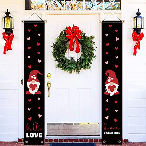 Valentines Day Banners-Valentines Day Door Banner 2 Pcs Hello Love Be Mine Valentine Gnome Heart Door Porch Signs Anniversary Wedding Party Indoor Outside Decor 71 x 12 Inch