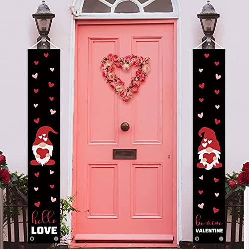 Valentines Day Banners-Valentines Day Door Banner 2 Pcs Hello Love Be Mine Valentine Gnome Heart Door Porch Signs Anniversary Wedding Party Indoor Outside Decor 71 x 12 Inch