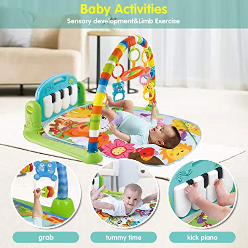 Baby Play Mat Activity Gym with Kick Piano Keyboard, Baby Jungle Gym Mat Designed with Colorful and Detachable Baby Toys in Activity Center for Tummy Time Boys and Girls Aged 0 to 3 to 6 12 Months