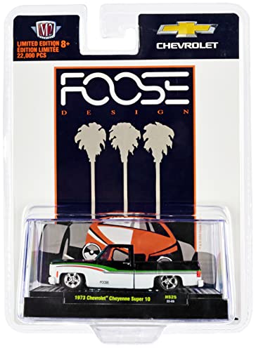 1973 Chevy Cheyenne Super 10 Pickup Truck Black & White w/Stripes Foose Ltd Ed to 22000 pcs Worldwide 1/64 Diecast Model Car by M2 Machines 31500-HS25