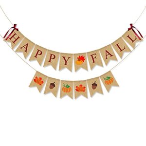 jozon happy fall burlap banner happy fall bunting banner garland with pumpkins maple leaves acorn sign for autumn party decorations thanksgiving fall harvest decor for mantle fireplace wall