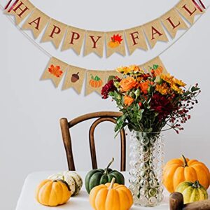 JOZON Happy Fall Burlap Banner Happy Fall Bunting Banner Garland with Pumpkins Maple Leaves Acorn Sign for Autumn Party Decorations Thanksgiving Fall Harvest Decor for Mantle Fireplace Wall