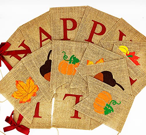 JOZON Happy Fall Burlap Banner Happy Fall Bunting Banner Garland with Pumpkins Maple Leaves Acorn Sign for Autumn Party Decorations Thanksgiving Fall Harvest Decor for Mantle Fireplace Wall