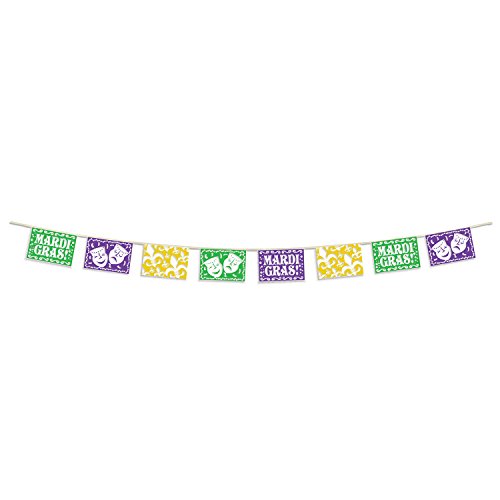 Beistle Weather Plastic Picado Style Pennant Banner Mardi Gras Photography Background Party Decorations New Orleans Hanging Décor, 8" x 12', Green/Yellow/Purple