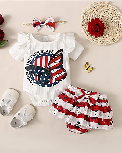 DISAUR Baby 4th Of July Girl Outfits Newborn Baby Girl Clothes Infant Independence Day Ruffle Short Sleeve Top +Stars Stripes Shorts + Cute Headband 3PCS Clothing Set