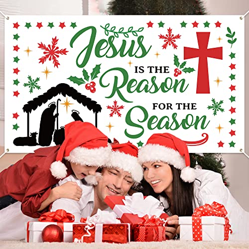 WATINC Christmas Jesus is The Reason for The Season Backdrop Banner XtraLarge Nativity Cross Xmas Winter Holiday Religious Party Wall Decorations Supplies for Home Church Outdoor 78 x 45 Inch