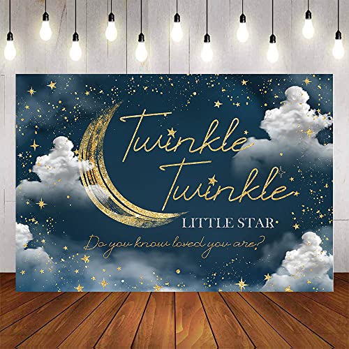 Aumeko Twinkle Little Star Baby Shower Backdrop Galaxy Sky Stars Navy Blue Baby Shower Gender Reveal Background Gold Starry Over The Moon Clouds Banner Cake Table Decoration