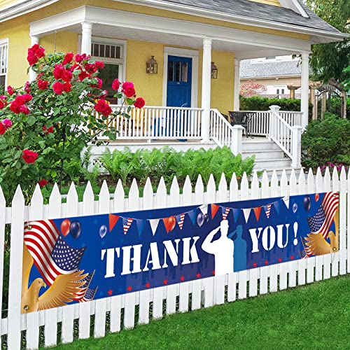 Large Thank You Memorial Day Banner, Fourth of July, Veterans Day Patriotic Yard Banner,American Patriotic Theme Memorial Day 4th of July Veterans Party Supplies Decorations (9.8 x 1.6 ft)