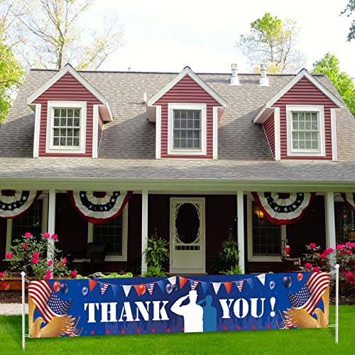 Large Thank You Memorial Day Banner, Fourth of July, Veterans Day Patriotic Yard Banner,American Patriotic Theme Memorial Day 4th of July Veterans Party Supplies Decorations (9.8 x 1.6 ft)