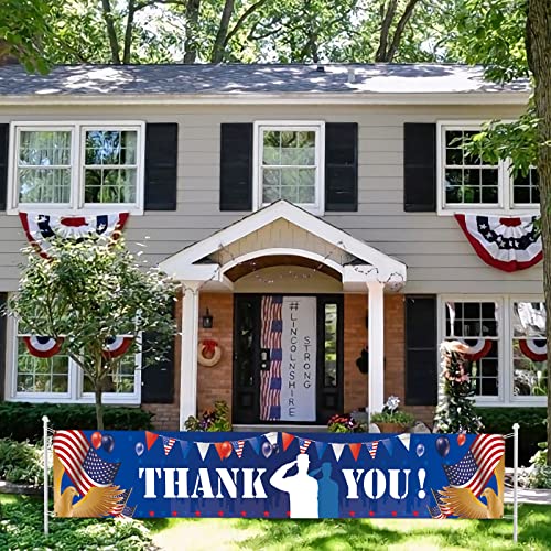 Large Thank You Memorial Day Banner, Fourth of July, Veterans Day Patriotic Yard Banner,American Patriotic Theme Memorial Day 4th of July Veterans Party Supplies Decorations (9.8 x 1.6 ft)