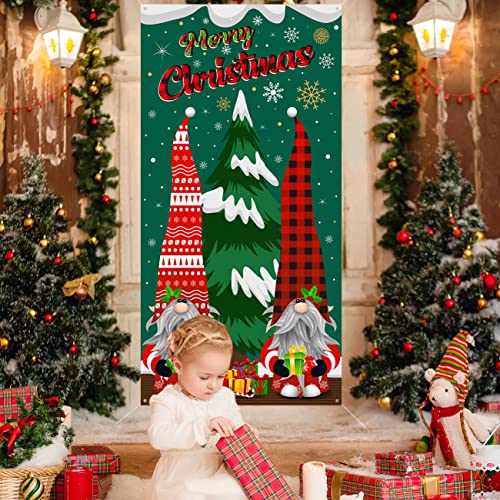 Gnome Christmas Door Cover Christmas Door Decorations Gnome Christmas Backdrop Hanging Front Door Background Merry Christmas Banner Xmas Eve Holiday Party Decor Supplies