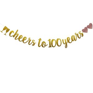cheers to 100 years banner, pre-strung, gold glitter paper garlands for 100th birthday / wedding anniversary party decorations supplies, no assembly required,(gold)sunbetterland