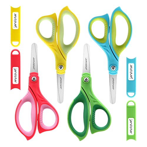 JARVISTAR Kids Scissors Blunt Safety: 5” Left & Right Handed Small School Scissors Stainless Steel Blades Child Craft Scissors with Cover for Toddlers Students Teachers Classroom Children, 4 Pack