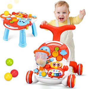 boqi sit-to-stand learning walker 2 in 1 baby push walker with educational activity center, learning toys for infant toddlers boys and girls