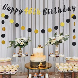 LASKYER 46th Birthday Decoration Set - Happy 46th Birthday Banner with Black & Gold Glitter Circle Dots Cheers to 46 Years Old Birthday Party Decorations.[Pre - Strung]