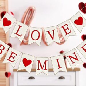 Whaline Valentine's Day Burlap Banner Felt LOVE BE MINE Heart Banner Pre-Assembled White Red Valentine Bunting Garland Celebration Hanging Decorations for Valentine Party Supplies Home Decoration