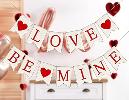 Whaline Valentine's Day Burlap Banner Felt LOVE BE MINE Heart Banner Pre-Assembled White Red Valentine Bunting Garland Celebration Hanging Decorations for Valentine Party Supplies Home Decoration