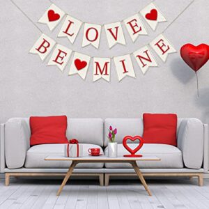 Whaline Valentine's Day Burlap Banner Felt LOVE BE MINE Heart Banner Pre-Assembled White Red Valentine Bunting Garland Celebration Hanging Decorations for Valentine Party Supplies Home Decoration