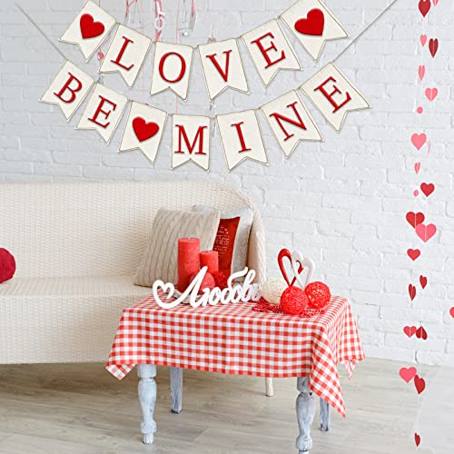 Whaline Valentine's Day Burlap Banner Felt LOVE BE MINE Heart Banner Pre-Assembled White Red Valentine Bunting Garland Celebration Hanging Decorations for Valentine Party Supplies Home Decoration