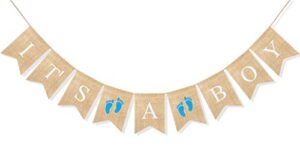 uniwish it’s a boy banner burlap fabric, rustic hanging bunting christening garland baby shower party decorations for baby boy with blue footprint