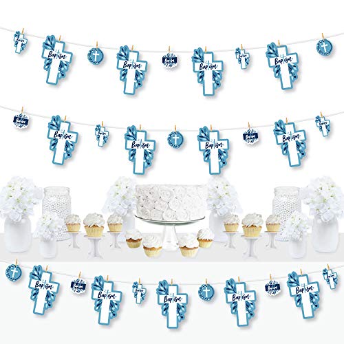 Big Dot of Happiness Baptism Blue Elegant Cross - Boy Religious Party DIY Decorations - Clothespin Garland Banner - 44 Pieces
