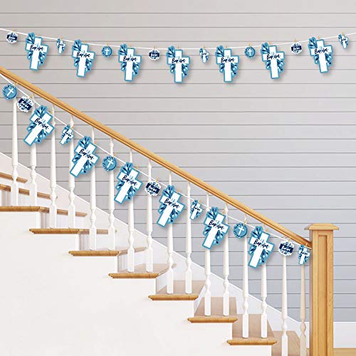 Big Dot of Happiness Baptism Blue Elegant Cross - Boy Religious Party DIY Decorations - Clothespin Garland Banner - 44 Pieces